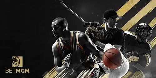 betmgm maryland promo code games banner with a basketball player, a baseball player, and a hockey player