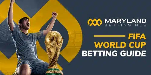 Fifa World Cup banner for Marylandbettinghub with a soccer player jubilating infront of the world cup trophy